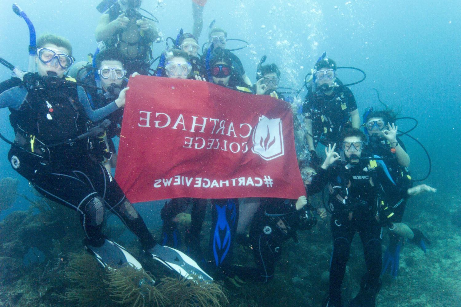 学生们手持<a href='http://wi7u.krissystems.com'>bv伟德ios下载</a>旗帜，在j学期洪都拉斯游学之旅中潜水.